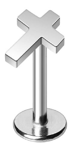 316L Stainless Steel Internally Threaded Labret Monroe Flat Back with Cross Top, 16GA 1.2mm, 5/16" 8mm Bar Length