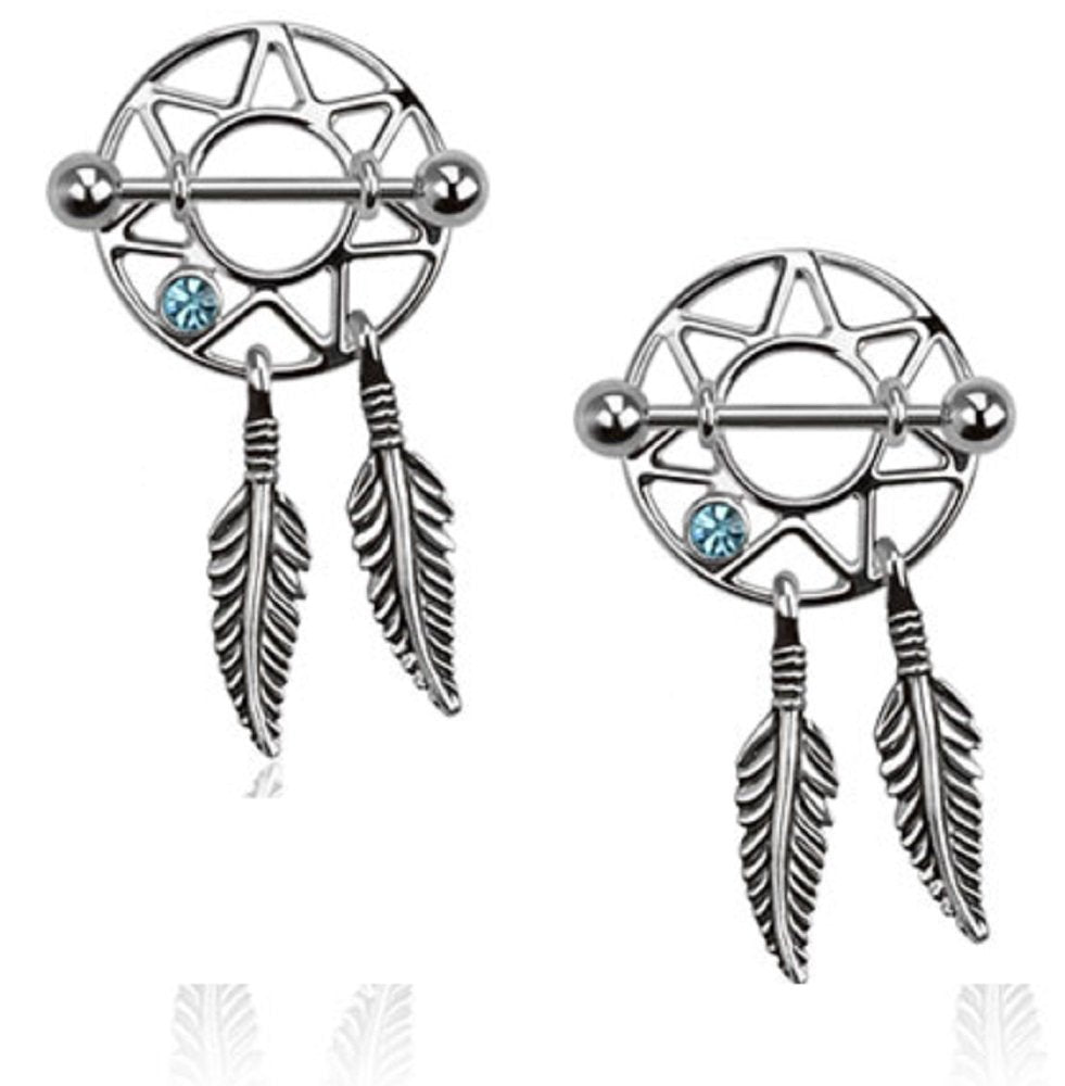 316L Surgical Steel Dream Catcher Feather Nipple Shield Gem 3/4" 14 Gauge Pair