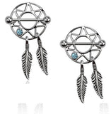 316L Surgical Steel Dream Catcher Feather Nipple Shield Gem 3/4" 14 Gauge Pair