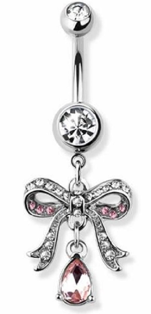 Body Accentz Belly Button Ring Ribbon Bow Paved Navel Ring with teardrop dangle