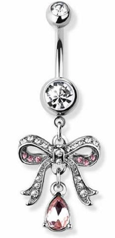 Body Accentz Belly Button Ring Ribbon Bow Paved Navel Ring with teardrop dangle