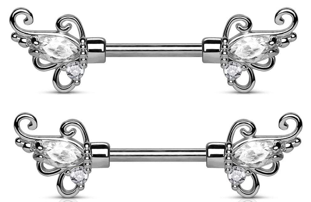 Body Accentz Nipple Ring CZ Set Floral Filigree Ends 316L Surgical Steel Barbells Bar pair