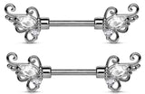 Body Accentz Nipple Ring CZ Set Floral Filigree Ends 316L Surgical Steel Barbells Bar pair