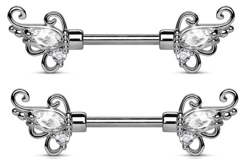 Body Accentz Nipple Ring CZ Set Floral Filigree Ends 316L Surgical Steel Barbells Bar pair