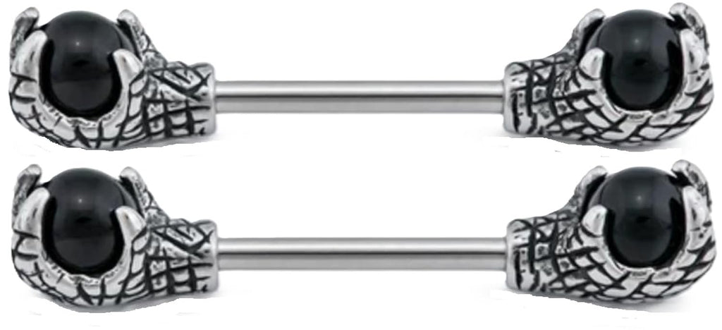 Dragon Reptile Claw Nipple Ring Barbell, 316L Stainless Steel, 14G, 1/2 Inch, Black Onyx Stone, 2 Pack