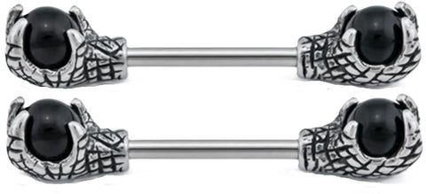 Dragon Reptile Claw Nipple Ring Barbell, 316L Stainless Steel, 14G, 1/2 Inch, Black Onyx Stone, 2 Pack