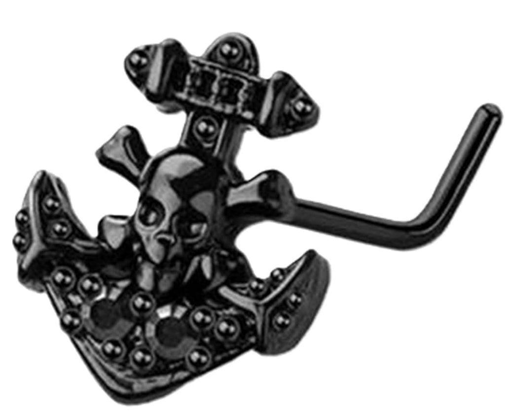 Black Skull Anchor L-Shape Nose Ring 316L Surgical Steel 20GA