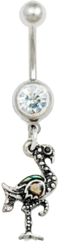 Vintage Flamingo Dangle Belly Button Ring, 14G Stainless Steel, Crystal Jewel, 3/8 Inch, Brass Charm with Mother of Pearl Accent