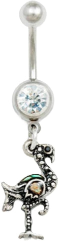 Vintage Flamingo Dangle Belly Button Ring, 14G Stainless Steel, Crystal Jewel, 3/8 Inch, Brass Charm with Mother of Pearl Accent