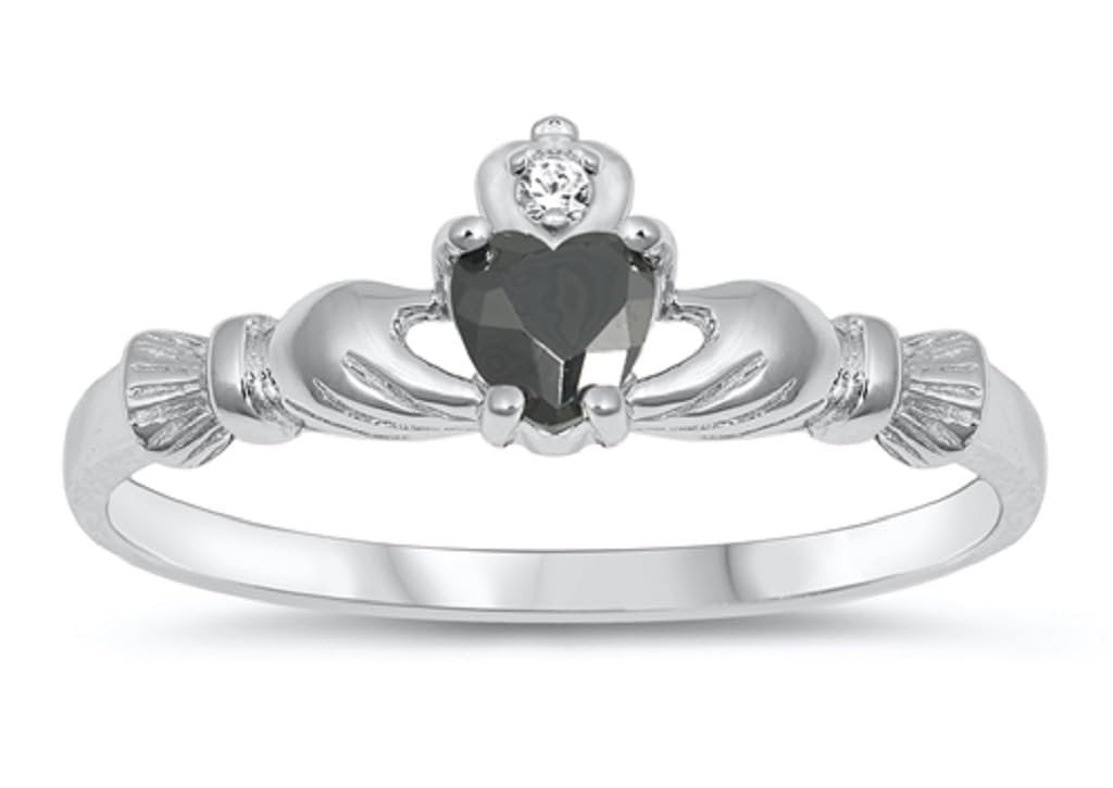STERLING SILVER RING W/CZ Faux Onyx Claddagh pinky right hand