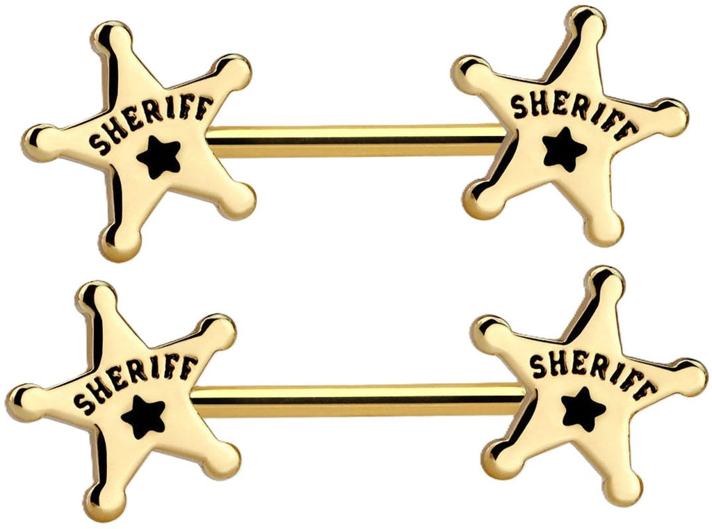 Body Accentz Pair of Pierced 316L Surgical Steel Sheriff Nipple Shield Barbells - 14G