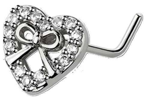 Body Accentz L-Shape Nose Ring, 316L Surgical Steel, CZ Heart Ribbon Design, 20GA, 1/4 inch, Silver