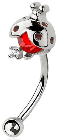 Body Accentz 316L Surgical Steel Curved Eyebrow Barbell with Red CZ Ladybug Design, 16 Gauge, 5/16 Inch, 3mm Balls