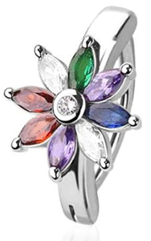 316L Surgical Steel Multicolor Flower CZ Rail Clicker Belly Ring, 14GA, 3/8" Length