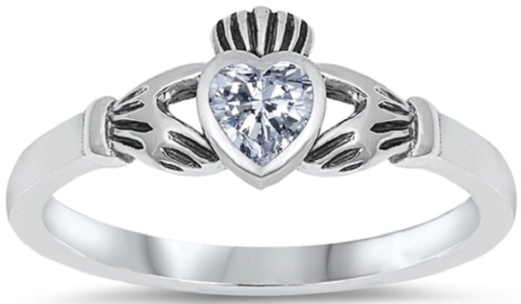 STERLING SILVER RING W/CZ Faux Clear Claddagh Pinky Ring