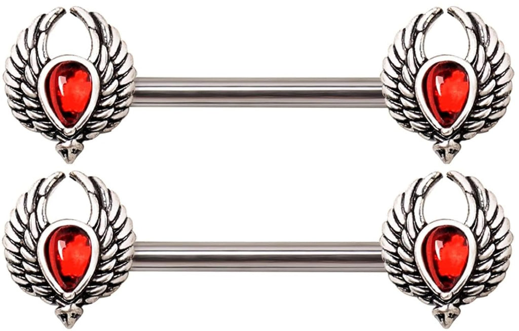 316L Stainless Steel Winged Blood Drop Nipple Bar Red CZ 14GA