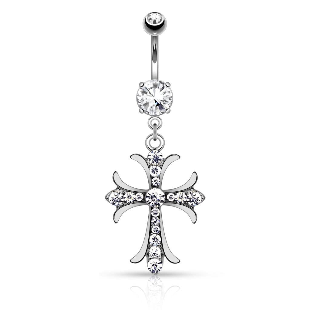 Body Accentz Belly Button Ring Celtic Cross with Paved Gems Dangle Navel Ring