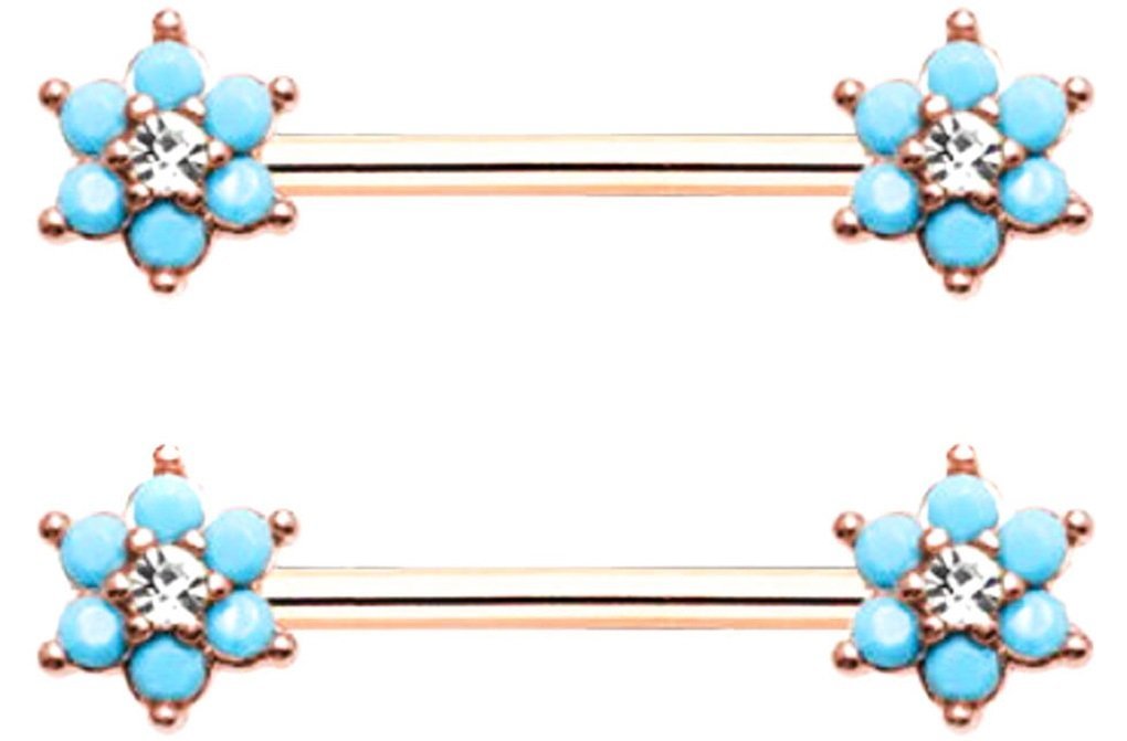 Body Accentz Nipple Shield Rings Rose Gold Turquoise Spring Flower Prong Set Barbell Pair 14g 5/8''