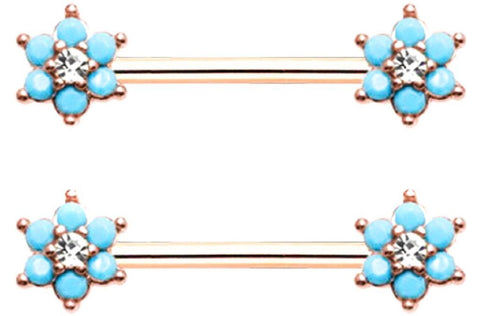 Body Accentz Nipple Shield Rings Rose Gold Turquoise Spring Flower Prong Set Barbell Pair 14g 5/8''