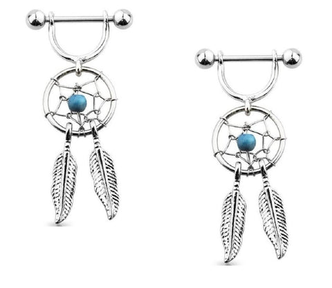 316L Surgical Steel Dream Catcher Feather Nipple Shield Gem 3/4'' 14 gauge pair (Turg)
