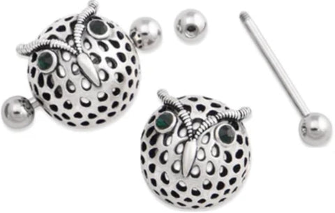 14g Stainless Steel Nipple Barbell with Owl Dome Shield, Green Glass Stone Eyes, 18mm, External Threading