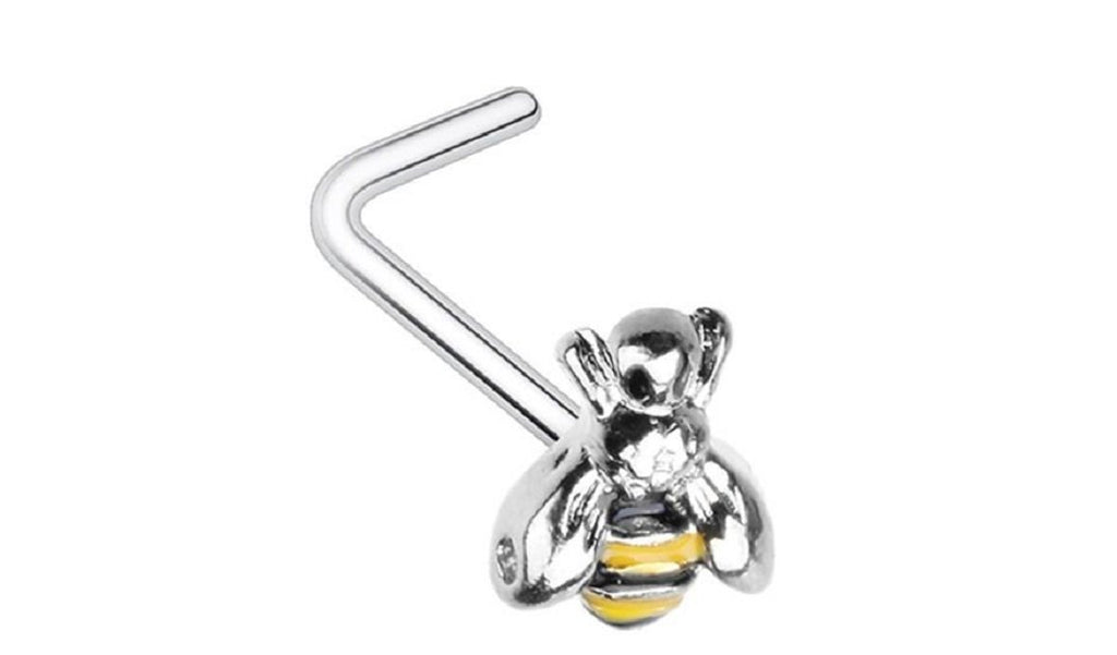 Body Accentz 20 Gauge Buzz Bumble Bee L-Shape Nose Stud All 316L Surgical Steel