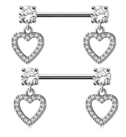 Nipple rings 316L Stainless Steel CZ Hearts Shield Bar