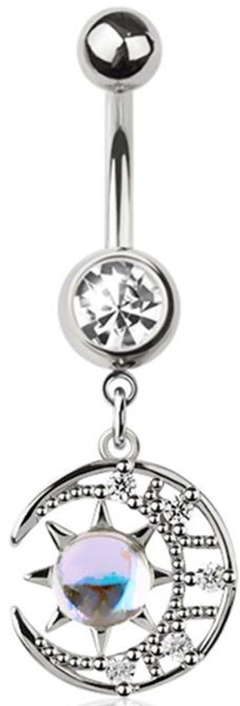Surgical Steel Sun and Moon Belly Button Ring, 14G, 3/8 inch Length, Moonstone Dangle Navel Piercing