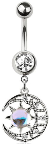 Surgical Steel Sun and Moon Belly Button Ring, 14G, 3/8 inch Length, Moonstone Dangle Navel Piercing
