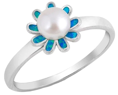 Body Accentz Sterling Silver Pearl Flower Ring with Blue Lab Opal Petals, 10mm Face Height SZ 8 Age 13+