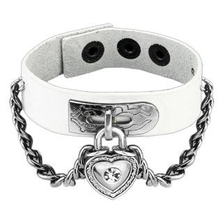 White Leather Bracelet with Chain Linked CZ Heart Lock Charm 6.5" 7.68'