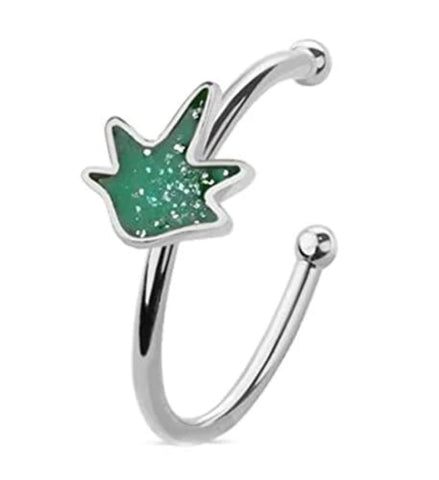 Body Accentz Glitter Cannabis Pot Leaf Hoop Nose Ring 20 Gauge Surgical Steel