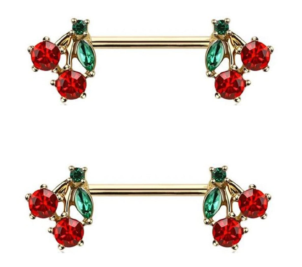 Body Accentz Pair of Pierced CZ Cherry Nipple Piercing Rings Steel Barbells - 14Gn goldtone