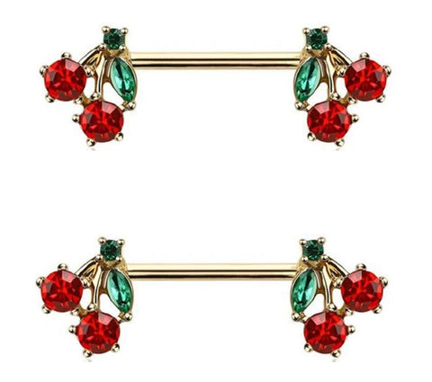Body Accentz Pair of Pierced CZ Cherry Nipple Piercing Rings Steel Barbells - 14Gn goldtone
