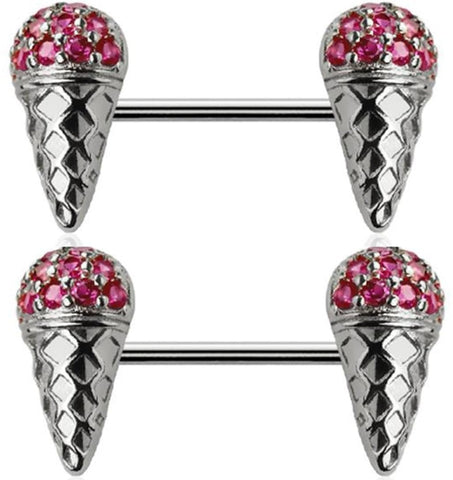 Body Accentz Surgical Steel Ice Cream Cone Nipple Bar, 14 Gauge, 9/16 Inch Length, Pink Crystal