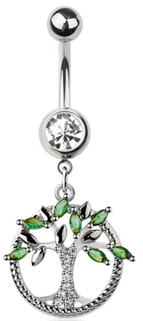 Tree of Life Dangle Belly Button Ring, 316L Surgical Steel, 14 Gauge, 3/8 Inch, Crystal Accent