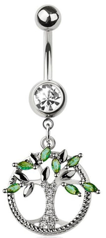 Tree of Life Dangle Belly Button Ring, 316L Surgical Steel, 14 Gauge, 3/8 Inch, Crystal Accent