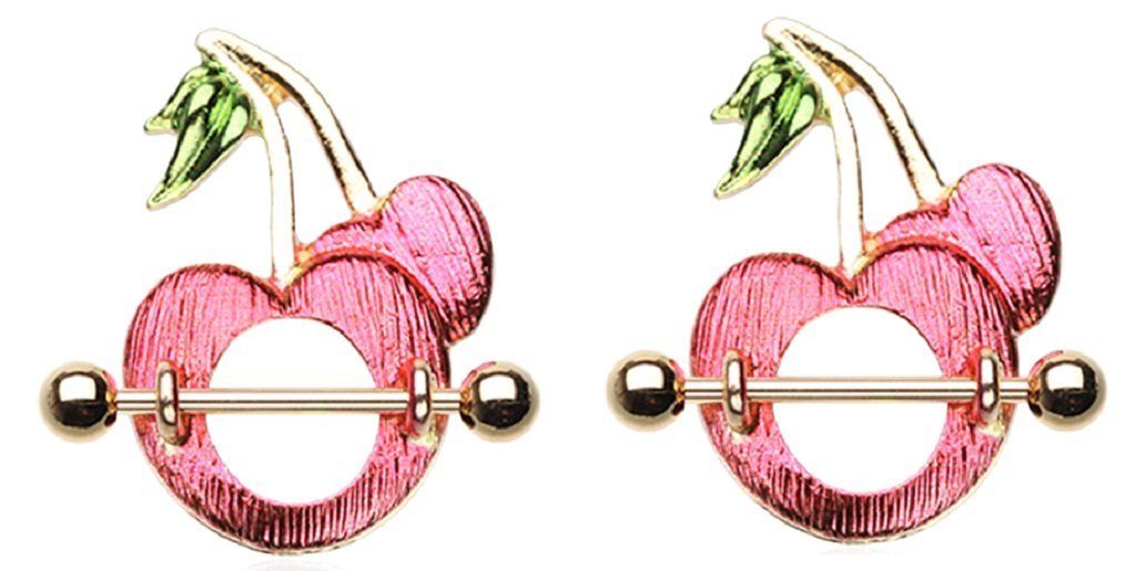 Nipple Bar Golden Cherries Nipple Shield Ring Sold as pair Red Cherry barbell