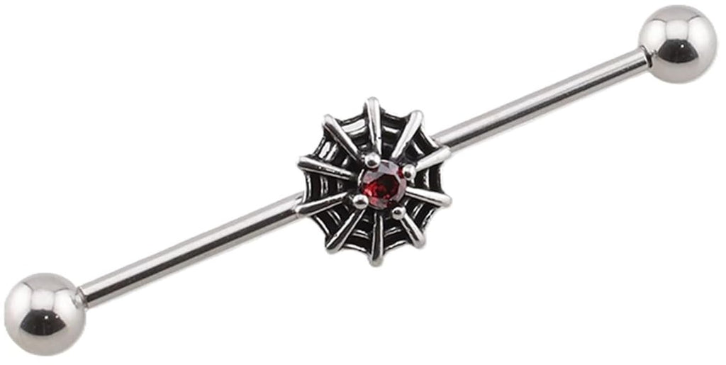 Spider Web Industrial Barbell, 316L Surgical Steel, 14GA, 1 1/2 Inch, Silver and Red, Halloween Style