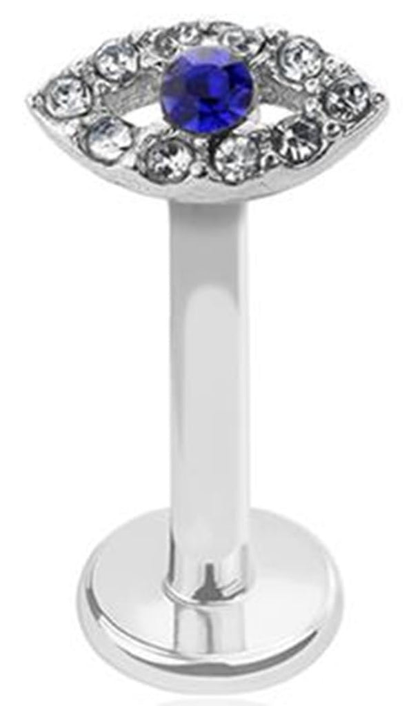 Body Accentz 316L Surgical Steel Labret Monroe Piercing, Evil Eye Design with Blue Gem, 16GA 5/16 inch, Silver
