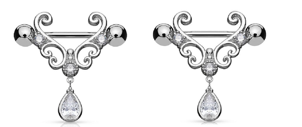 Body Accentz Nipple Ring CZ Floral Filigree Tear Drop 316L Surgical Steel Barbells Bar Pair
