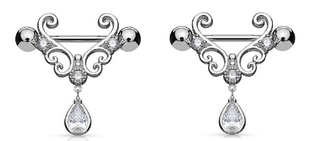 Body Accentz Nipple Ring CZ Floral Filigree Tear Drop 316L Surgical Steel Barbells Bar Pair