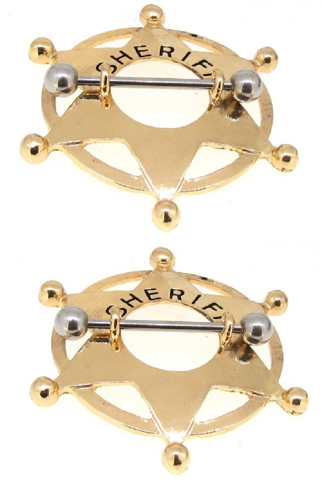 Body Accentz Stainless Steel Barbell Sheriff Badge Nipple Shield 14 Gauge Pair