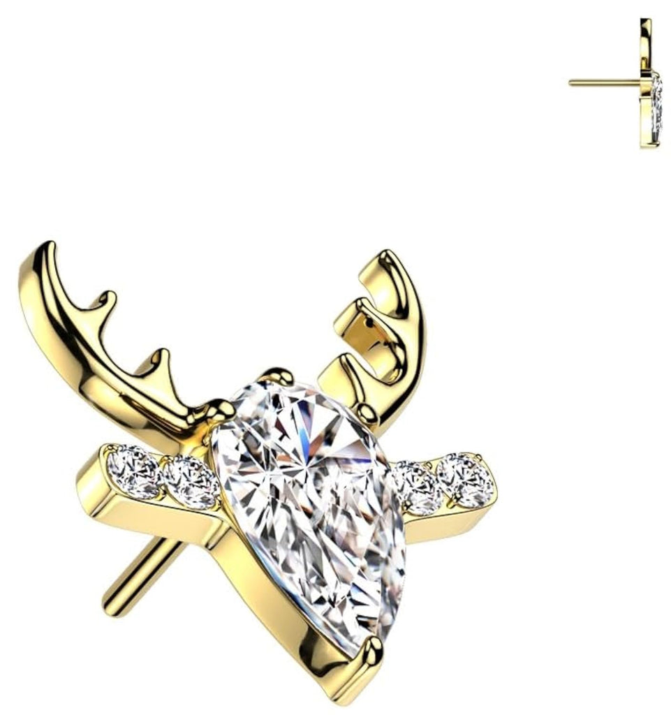 Implant Grade Titanium Threadless CZ Reindeer Head Top 16GA