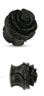 Earrings Rings Organic Wood Full Bloom Rosebud Handcarved Double Flared Plug - Sold as a pair 3/4"
