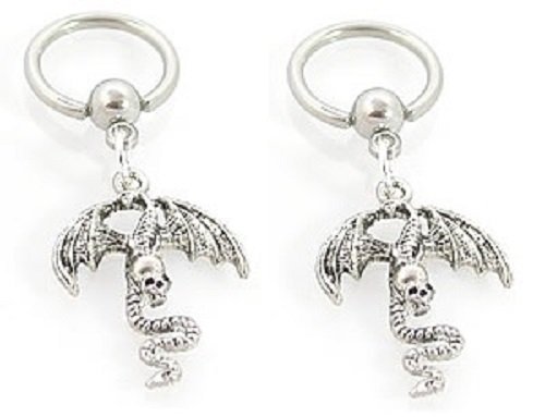 Nipple Captive Bead Body Jewelry 16g Dangle Captive Dragon Skull Sold as pair