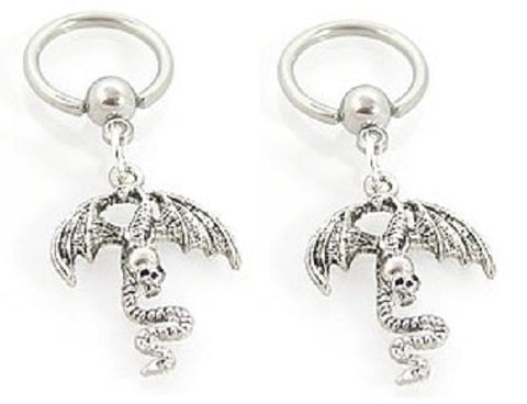 Nipple Captive Bead Body Jewelry 16g Dangle Captive Dragon Skull Sold as pair