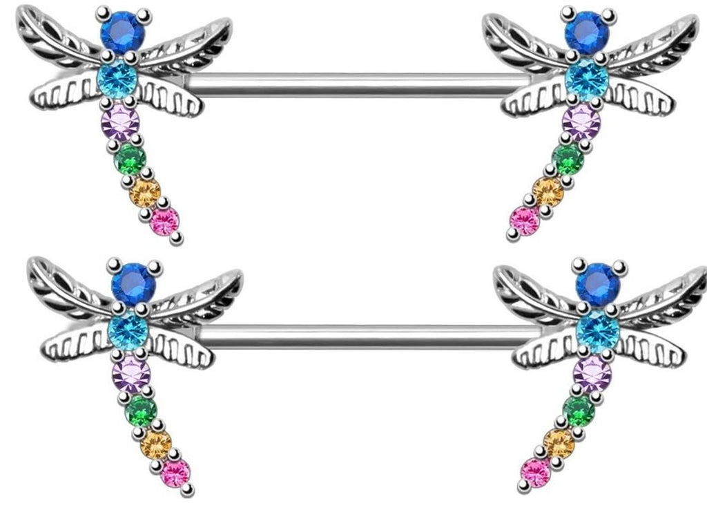 Body Accentz Rainbow CZ Dragonfly Nipple Barbell, 14G, 5/8 inch, 316L Stainless Steel, Externally Threaded