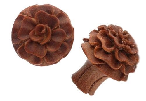 Earrings Rings Organic Wood Full Bloom Rosebud Handcarved Double Flared Plug