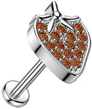 316L Surgical Steel Threadless Flat Back Labret Pave CZ Strawberry